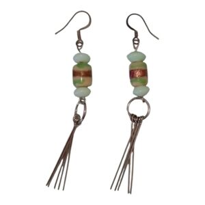 Handmade Metallic Tan & Pale Blue Beaded Silver Dangle Earrings (NWOT)